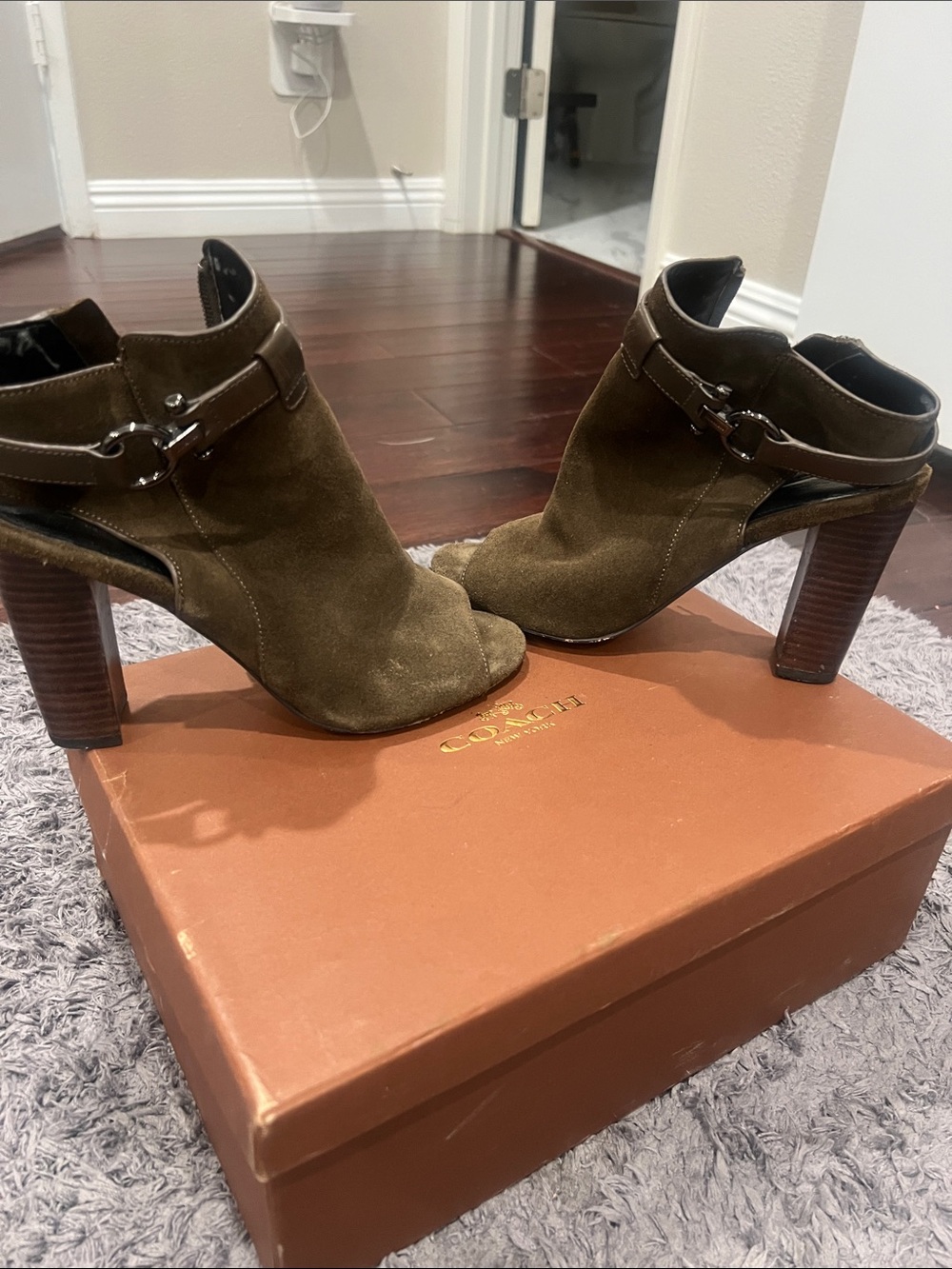 Coach Olive Suede Open-Peep Heel Booties with Buckle Accent Suede 6.5